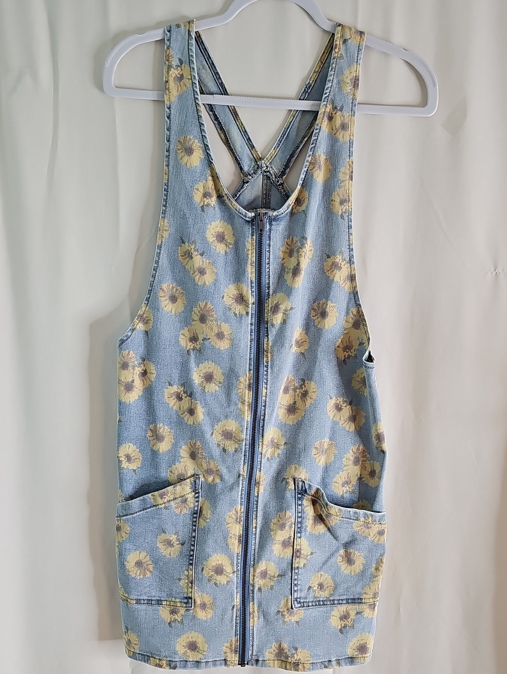 Sunflower Print Denim One-Piece Mini Jumper - Yellow/Blue